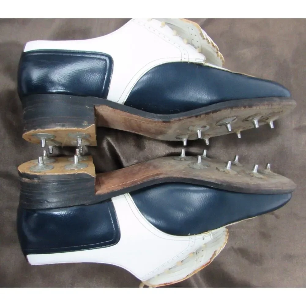 VINTAGE DUPONT CORFAM BLACK WHITE WINGTIP GOLF SHOES WITH CLEATS 6